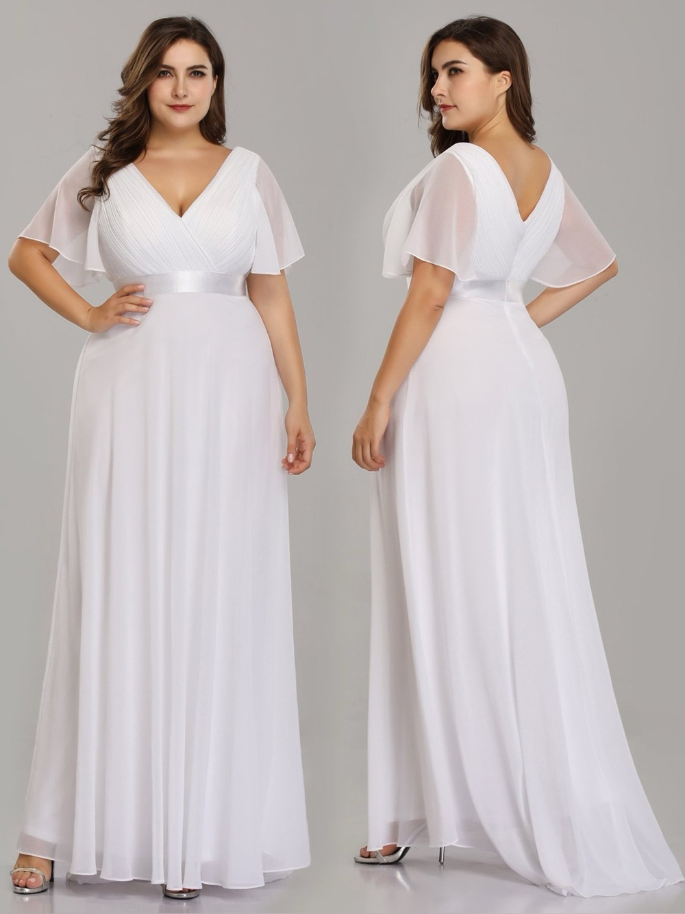 Ever Pretty White V-Neck Flutter Sleeve Maxi Gown